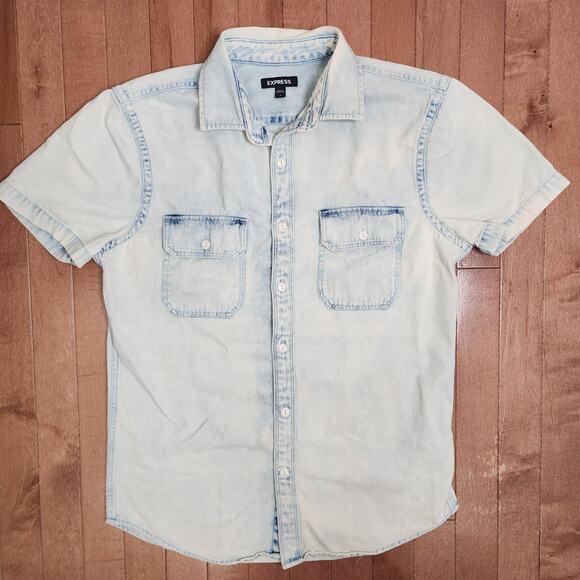 Express Men's Button Down Jean Shirt Denim Shirt Blue beige Short Sleeve Small - Picture 1 of 6
